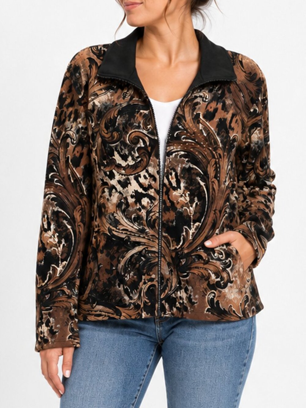 Jess & Jane Womens XL Jacket Baroque Paisley Print Rhinestone Zip USA Cotton